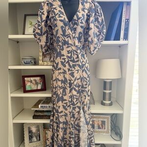 Lanhtropy Linen Navy Leaf Print V-Neck wrap Maxi Dress